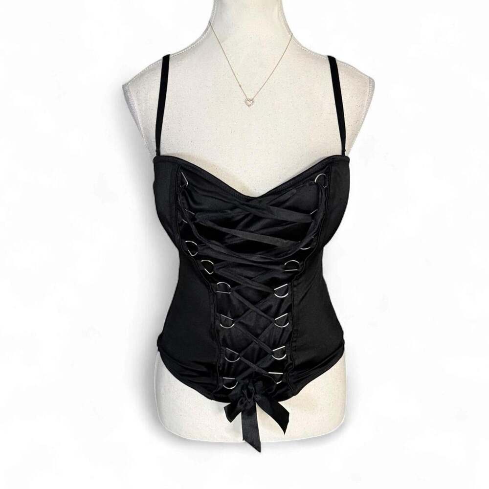 Black corset top with lace-up front and bow detail size large perfect for rave